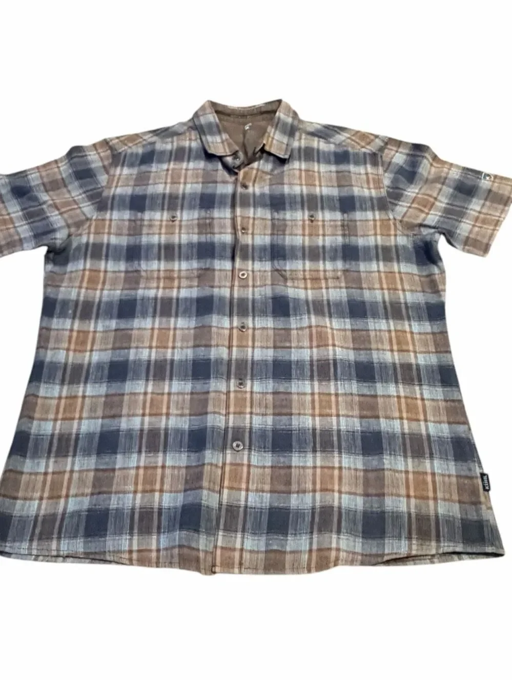 KÜHL Skorpio Men’s Medium Blue Brown Plaid Linen Blend Short Sleeve Shirt
